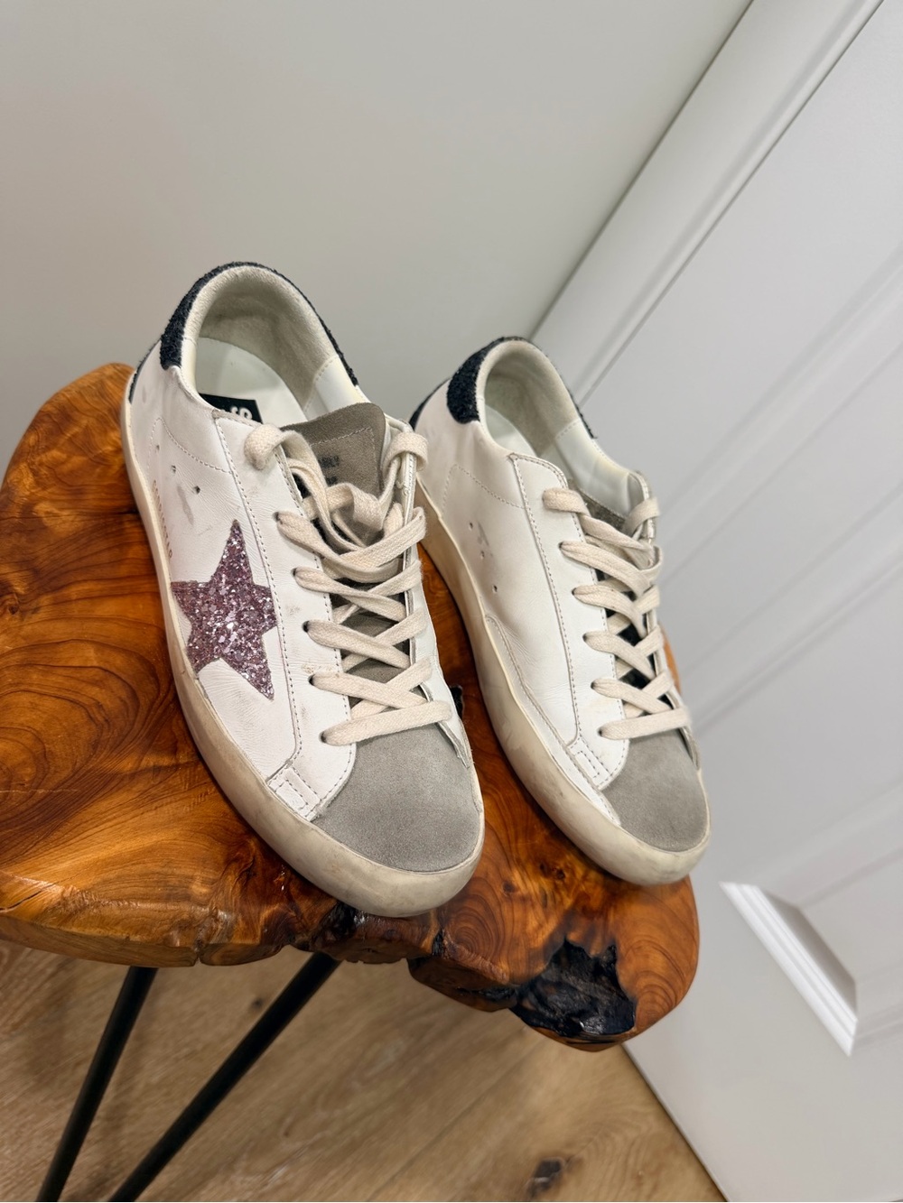 Golden Goose White Leather Sneakers with Pink Glitter Star